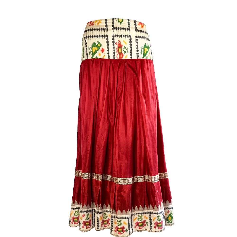 Unique Red & Ikat Accent Indian Pull-On Skirt ✨